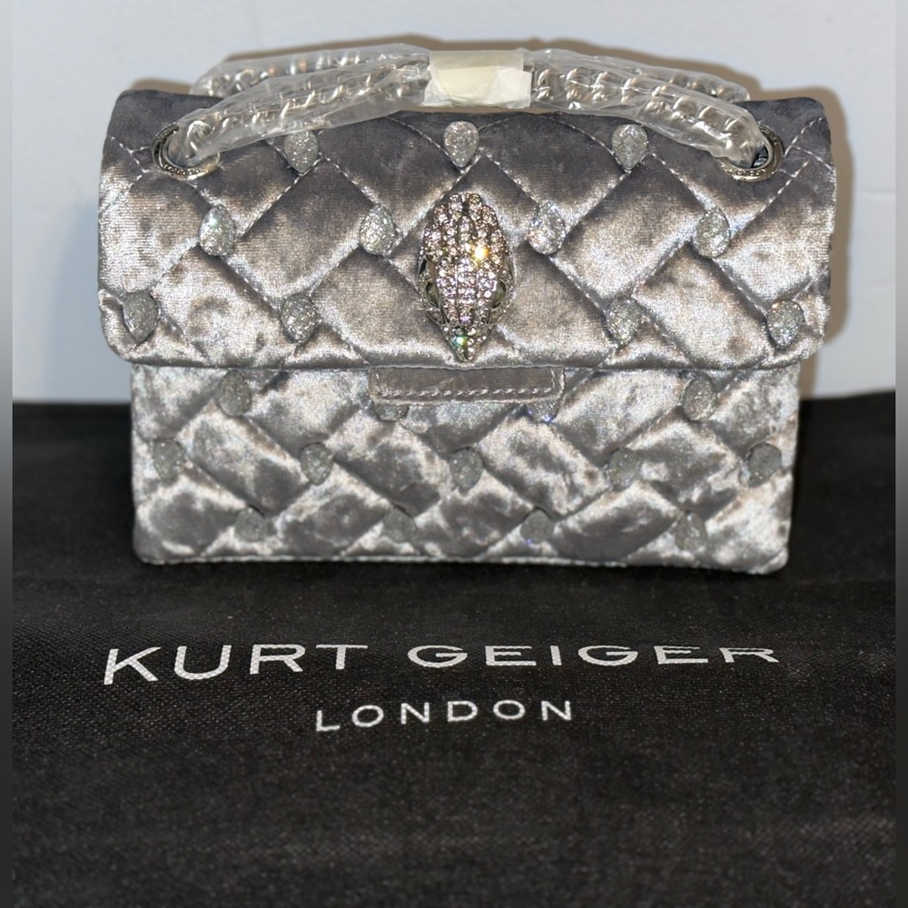 NWT KURT GEIGER LONDON Mini Kensington Velvet Grey Crystal Embellished Bag